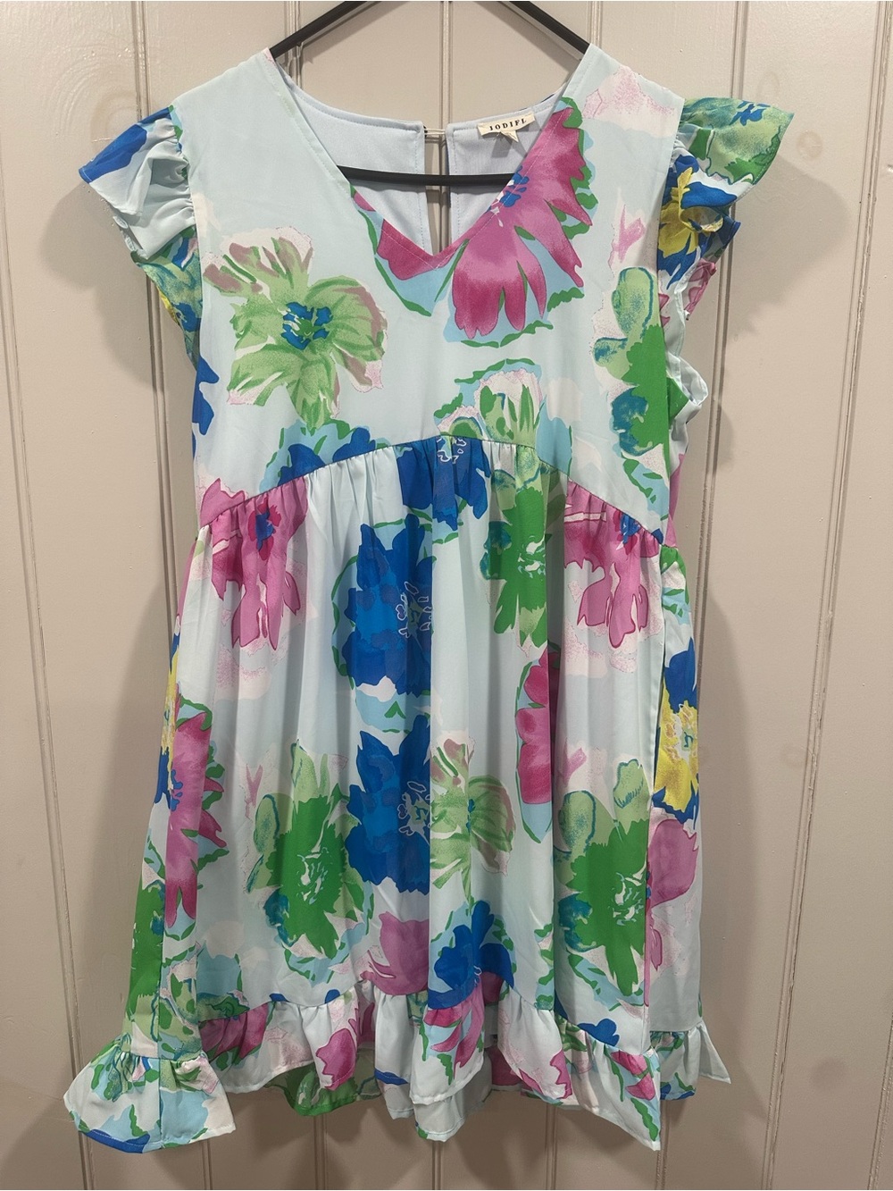 JODIFL Pastel Floral Ruffle Sleeve Dress - Blue, Pink & Green - Picture 3 of 5